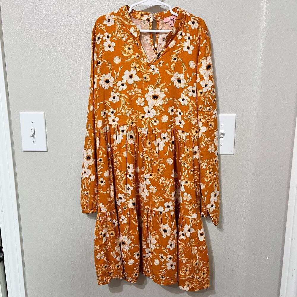 Victory Heart Girl's Dress‎ Sz 12 Golden Yellow Floral Tiered Prairie